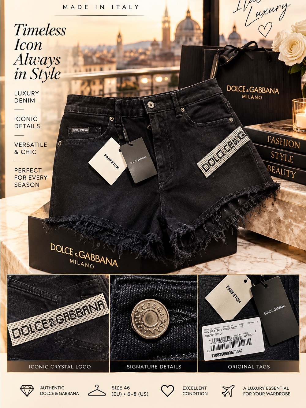 Dolce & Gabbana Black Frayed Denim Logo Patch Shorts size 46 eu- 6-8 USA